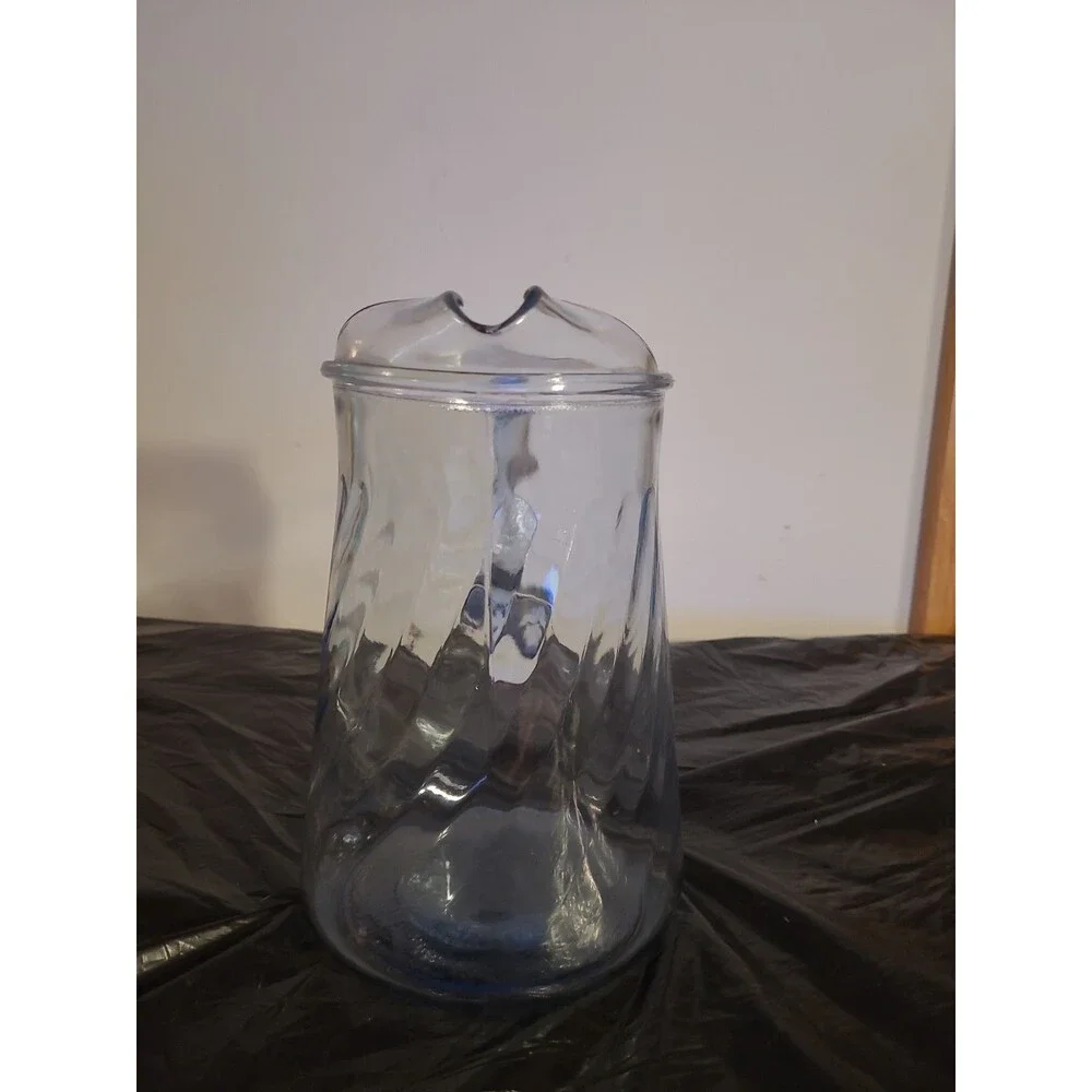 Vintage Indiana Blue Swirled Glass Water Pitcher with Ice Lip 9.25” H